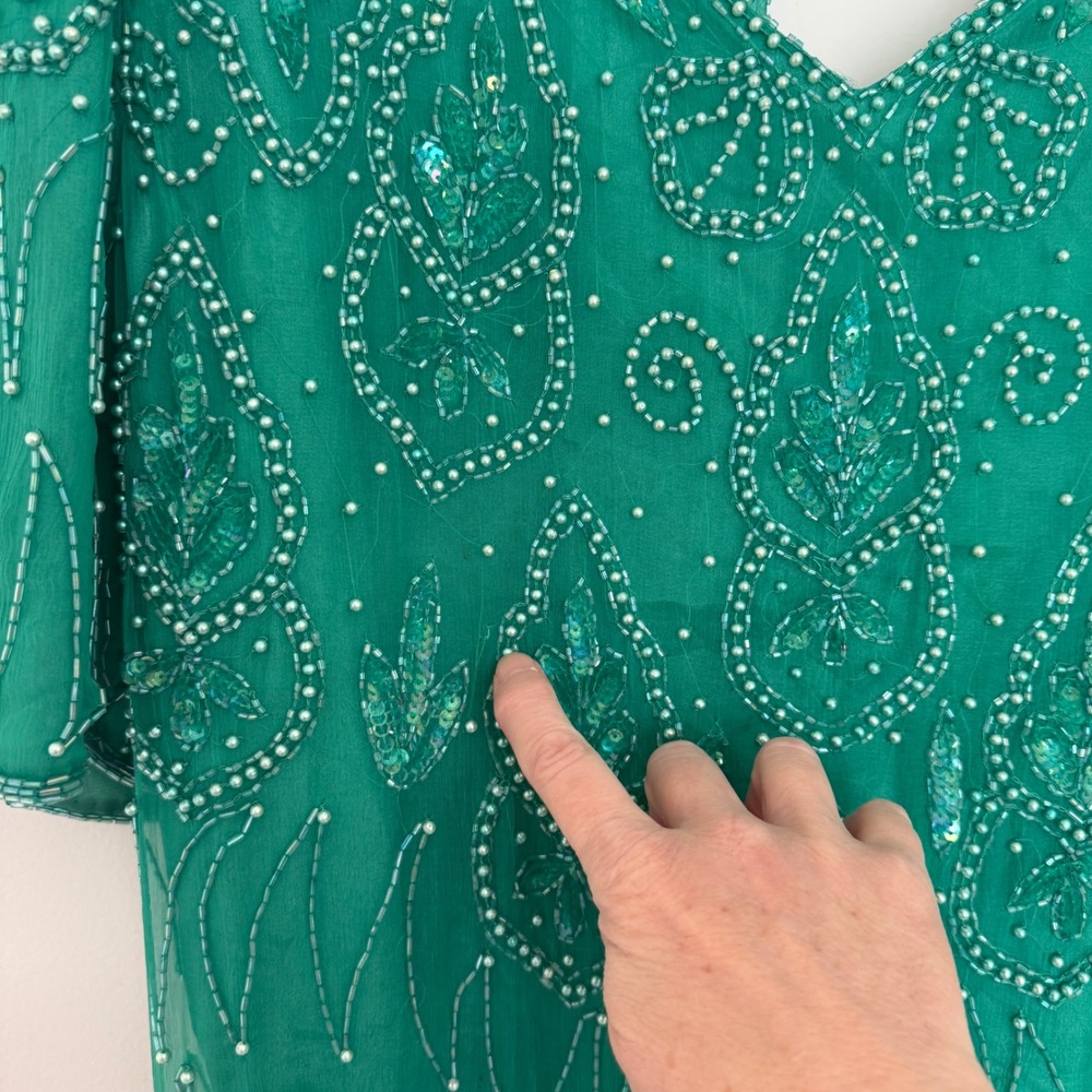 Vintage Mark & John by Gopal Women's 100%‎ Pure Silk Maxi Beaded Green Dress 2X - Picture 15 of 16